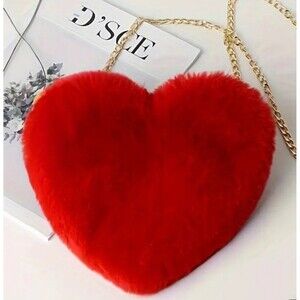 Plush fluffy red heart bag crossbody purse with gold chain